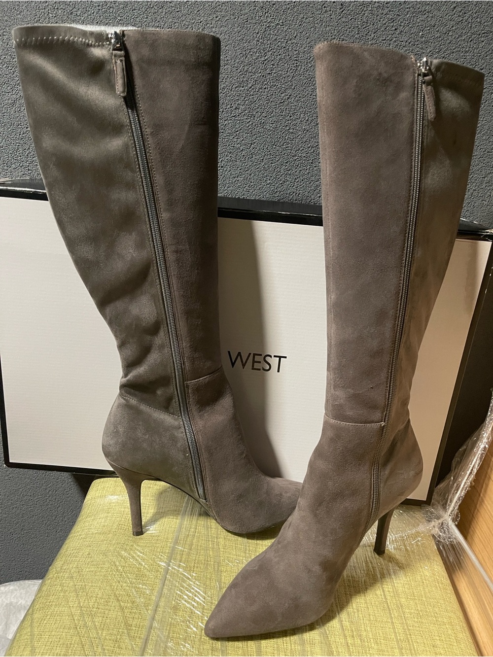 Nine West Fallon Gray Suede Knee high Pointed-Toe Stiletto Boots